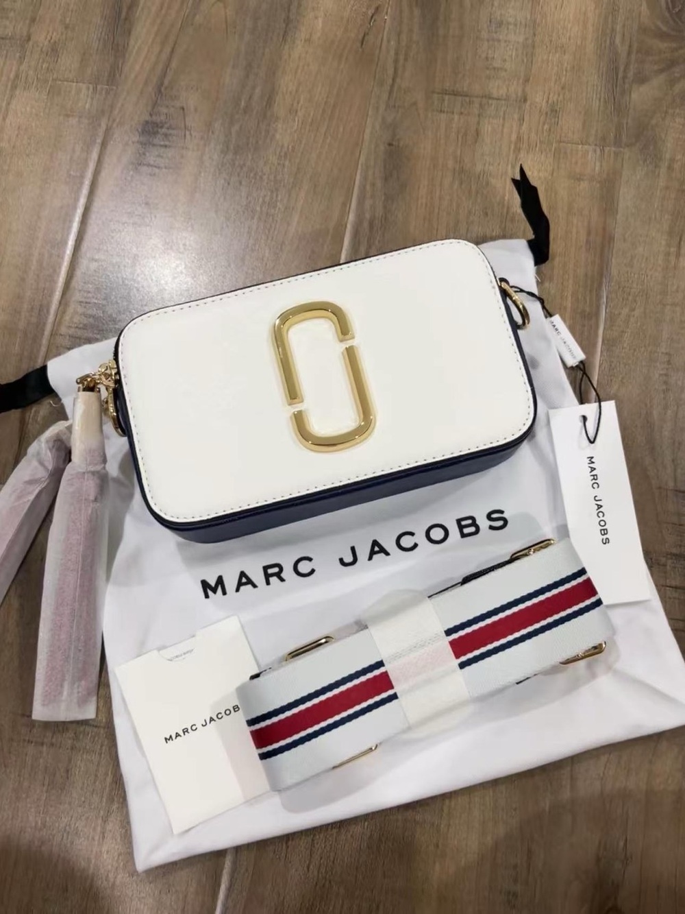Marc Jacobs White Leather Crossbody with Navy Trim & Gold Hardware